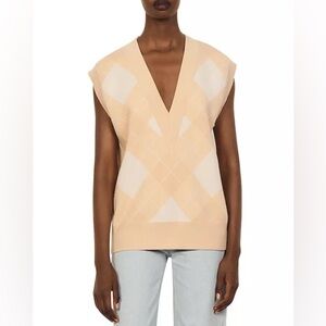 [NWT] Sandro Flavio Beige Cream Plaid Oversized V-Neck Sweater Vest - Sz 1 Sz S